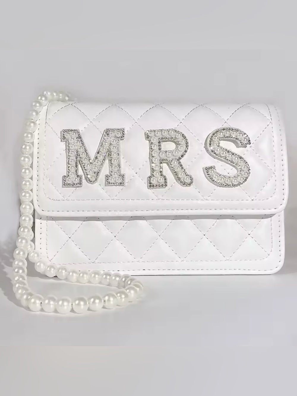 Macy's White Quilted Pearl-Embellished MRS Crossbody Bag
